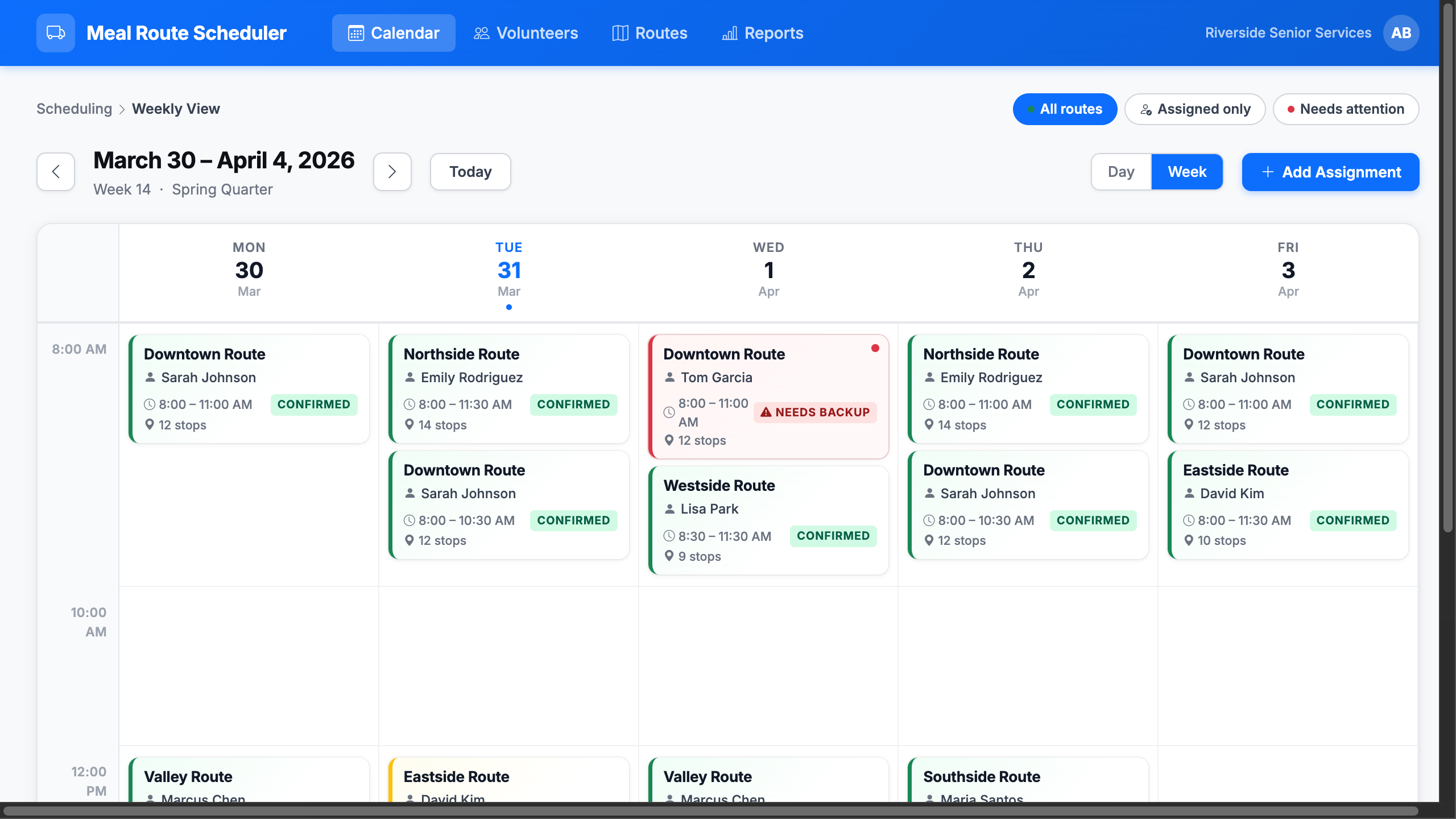 Senior Meal Program weekly calendar showing volunteer route assignments and delivery schedules