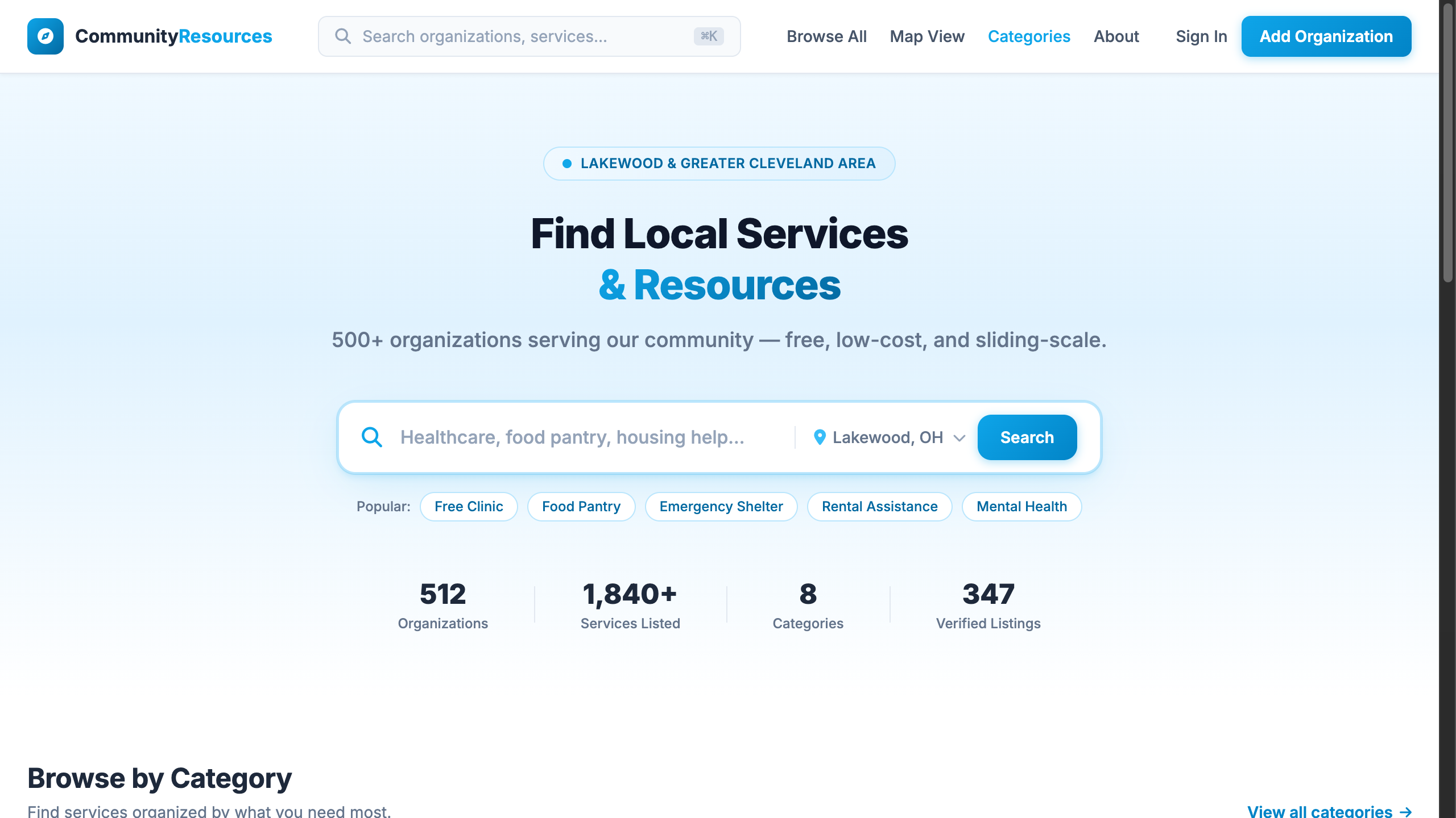 Community Resource Directory showing searchable service categories and featured organizations